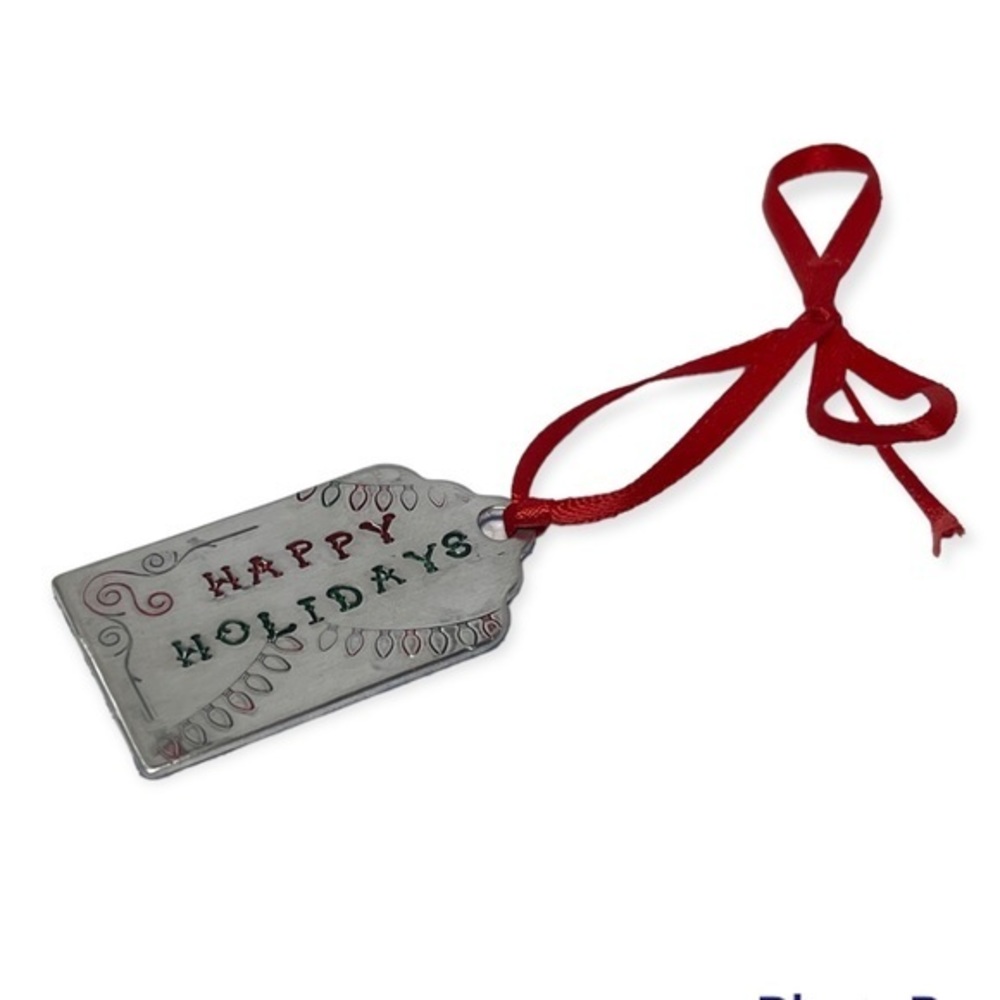 Handmade Holiday stamped happy holidays Silver aluminum red ribbon ornament - Picture 2 of 4